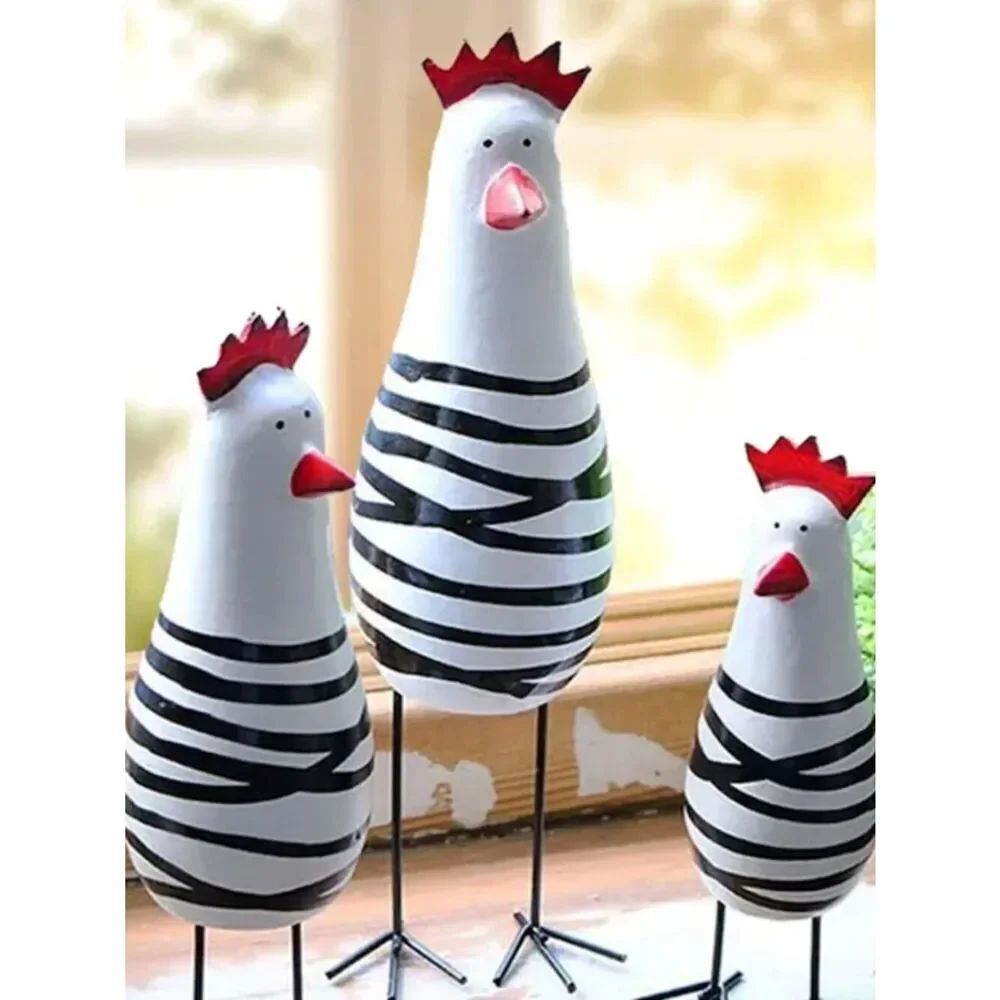 NWT Modern Cottagecore Hand-Painted Blk & Wht Wire Leg Chicken Figurine